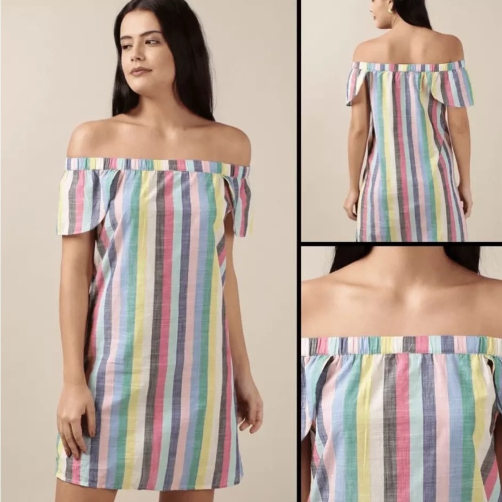 J. Crew Rainbow Stripe Off the Shoulder Flutter Sleeve Mini Shift Dress Size 0